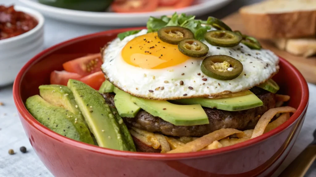 Burger bowl with fried egg and toppings.