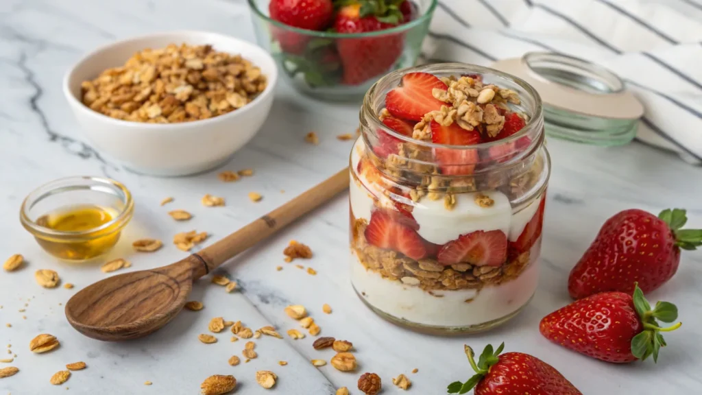 Strawberry breakfast recipes – yogurt parfait layered with granola and fresh strawberries.