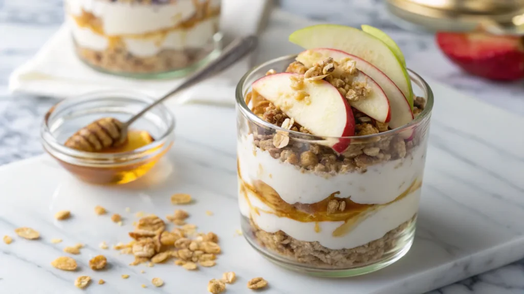 Apple Breakfast Recipes – Greek yogurt parfait layered with apples, granola, and honey.