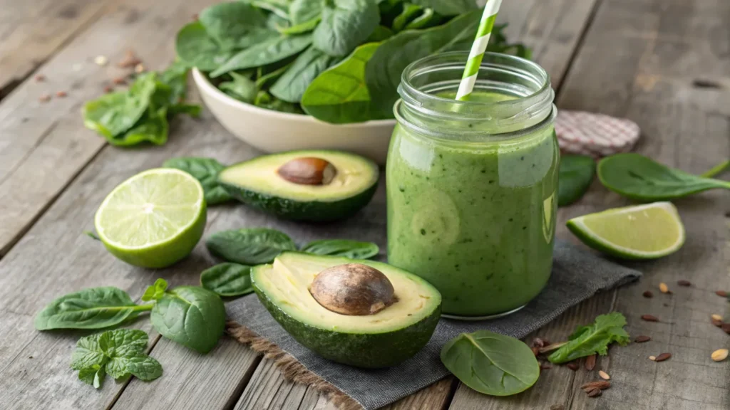 Green smoothie without yogurt featuring avocado and spinach.
