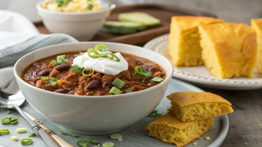Vegetarian chili served with cornbread and toppings