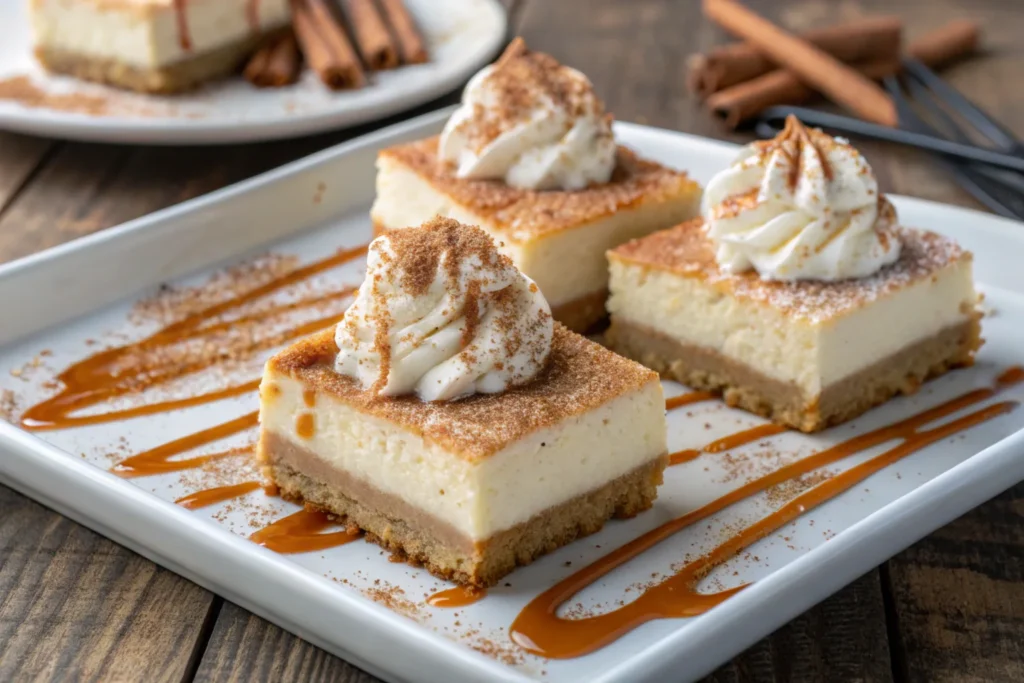 Churro Cheesecake Bars A plate of churro cheesecake bars topped with whipped cream, caramel drizzle, and cinnamon dust