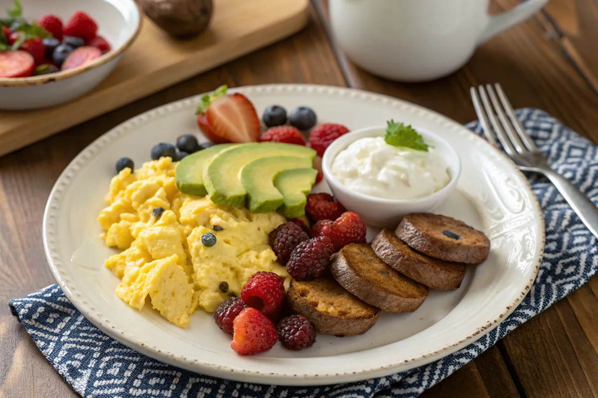 High protein breakfast with eggs, turkey sausage, and avocado