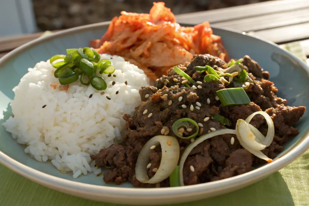 Ground beef bulgogi with rice and kimchi