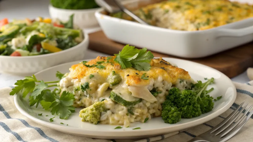 Plated Chicken Broccoli Rice Casserole with Salad