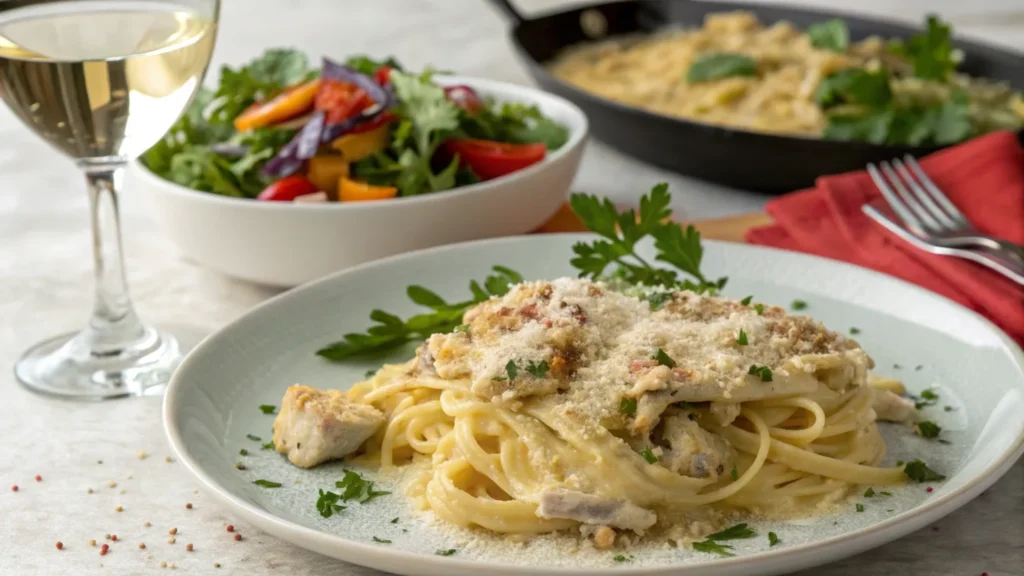 Plated Chicken Tetrazzini with side salad and white wine