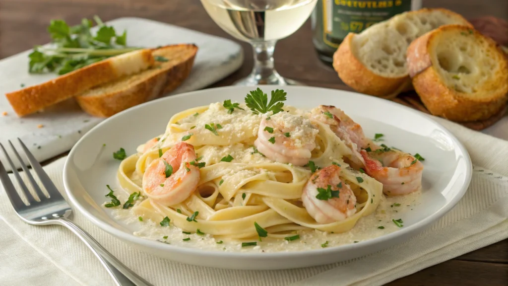 A serving of shrimp fettuccine alfredo with garlic bread.
