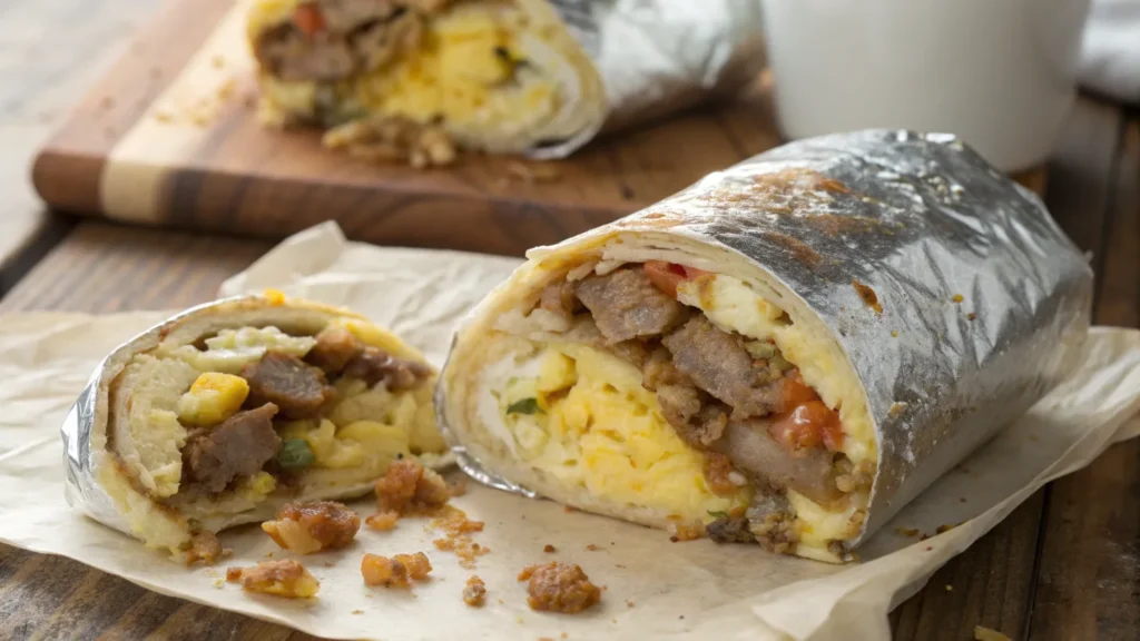 Low-carb breakfast burrito with eggs, sausage, and cheese wrapped in foil
