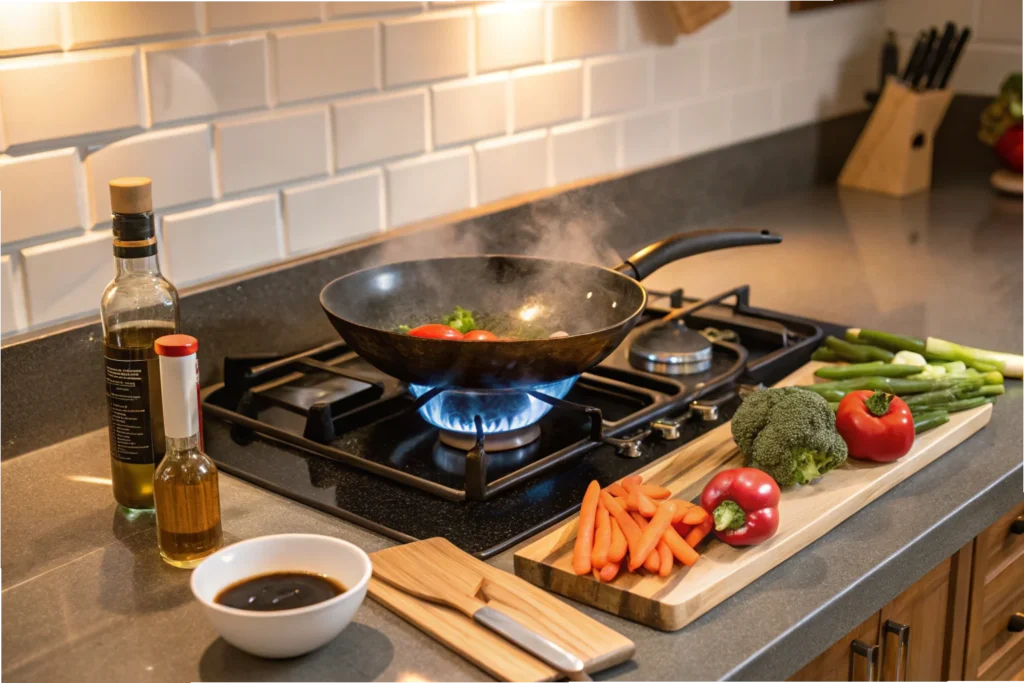 Stir Fry Cooking Equipment A carbon steel wok and spatula used for beef stir fry cooking