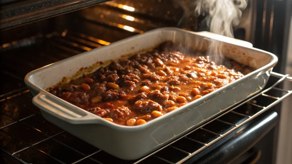 Baked beans with ground beef simmering in the oven