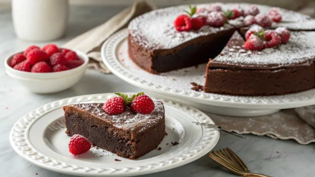 Chocolate gluten-free cake served with raspberries