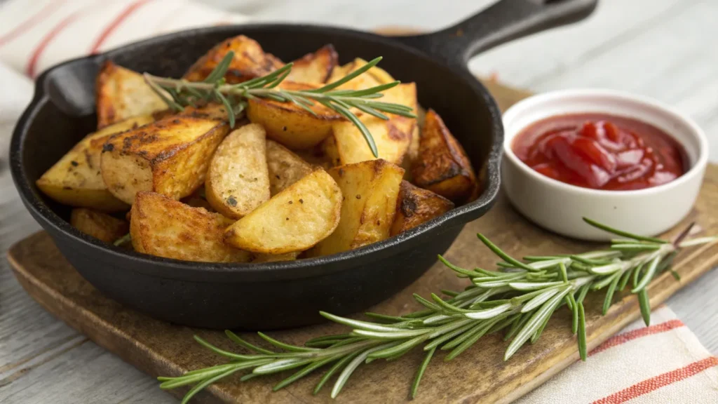 Roasted breakfast potatoes in a cast-iron skillet with rosemary sprigs.