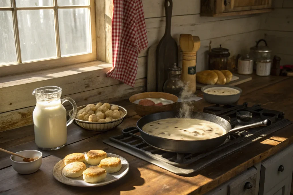 Southern White Gravy Tradition A stack of golden, flaky buttermilk biscuits on a plate