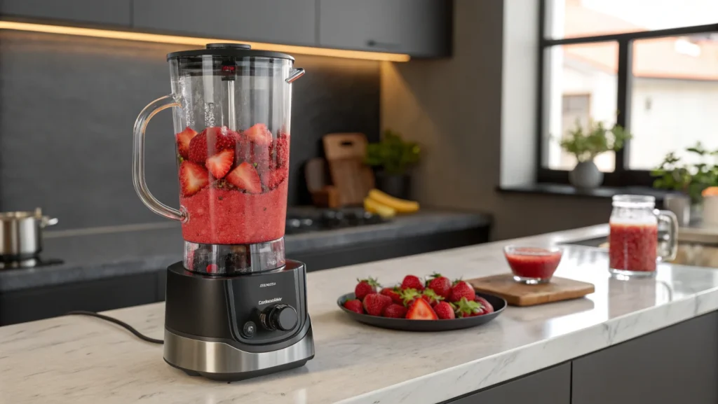 Fresh strawberries blending into smooth puree.