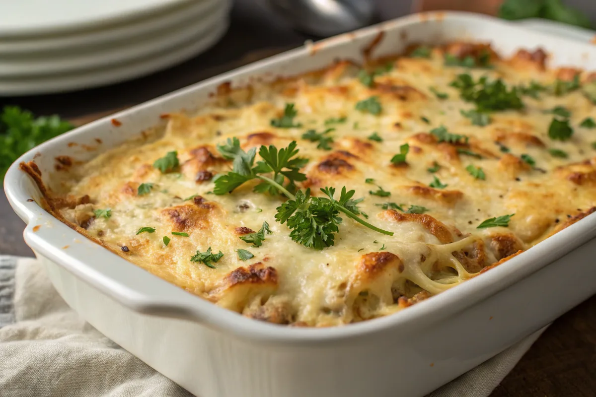 Chicken Tetrazzini Recipe – creamy pasta casserole with golden cheese crust