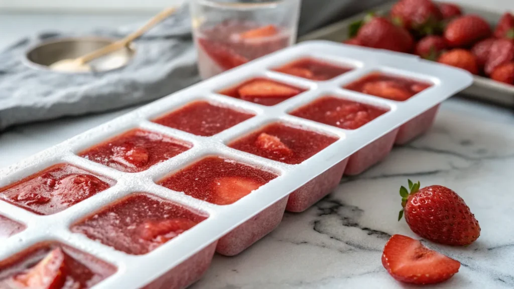 Frozen strawberry puree cubes for easy storage.