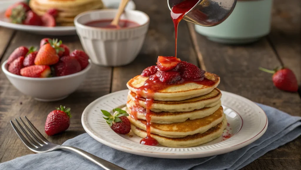 Strawberry puree drizzled over pancakes.