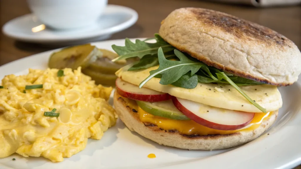 Apple and cheddar breakfast sandwich with arugula and honey mustard.