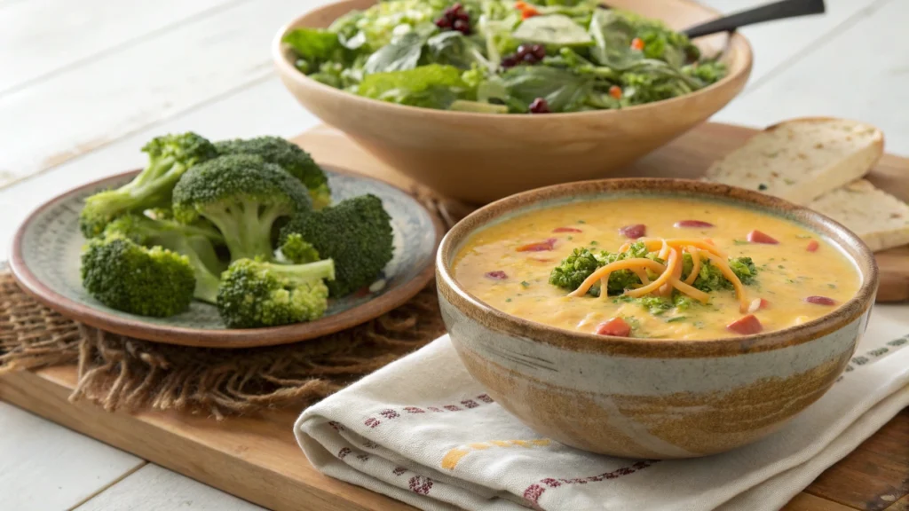 A serving of broccoli cheddar soup in a rustic ceramic bowl, accompanied by a side salad and a glass of white wine, staged on a bright, natural-lit dining table.