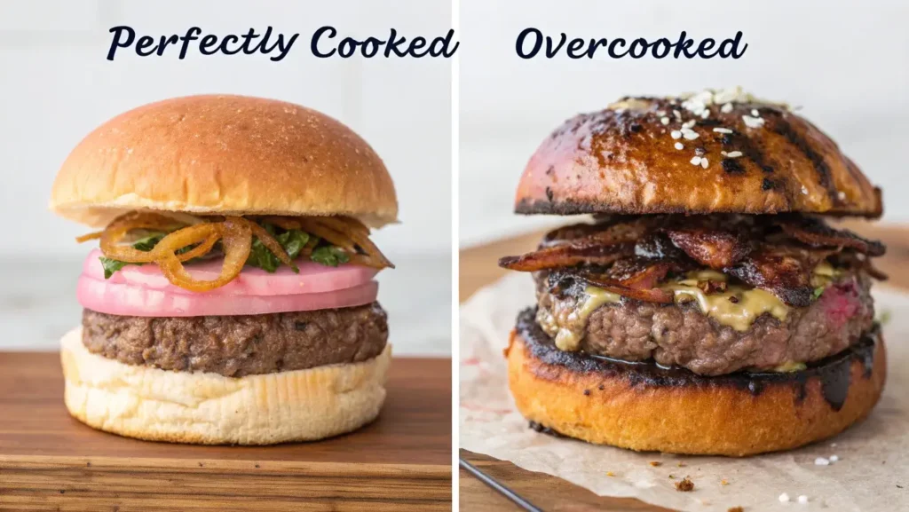 Comparison of perfectly cooked and overcooked venison burgers.