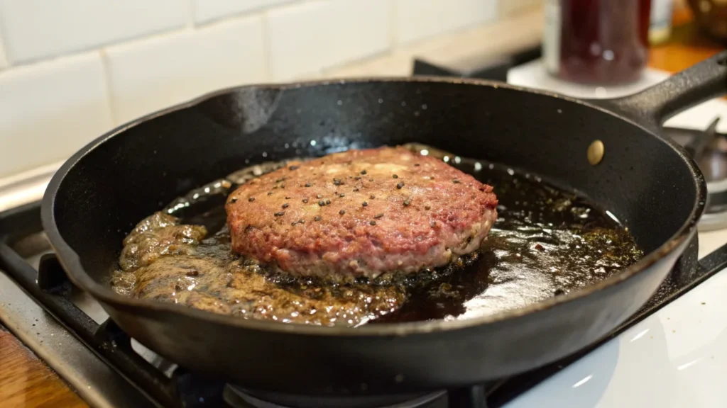 Juicy burger patty cooking in a skillet.