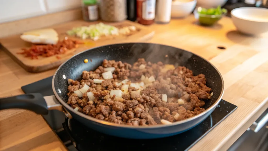 Ground beef cooking with onions and garlic in a skillet