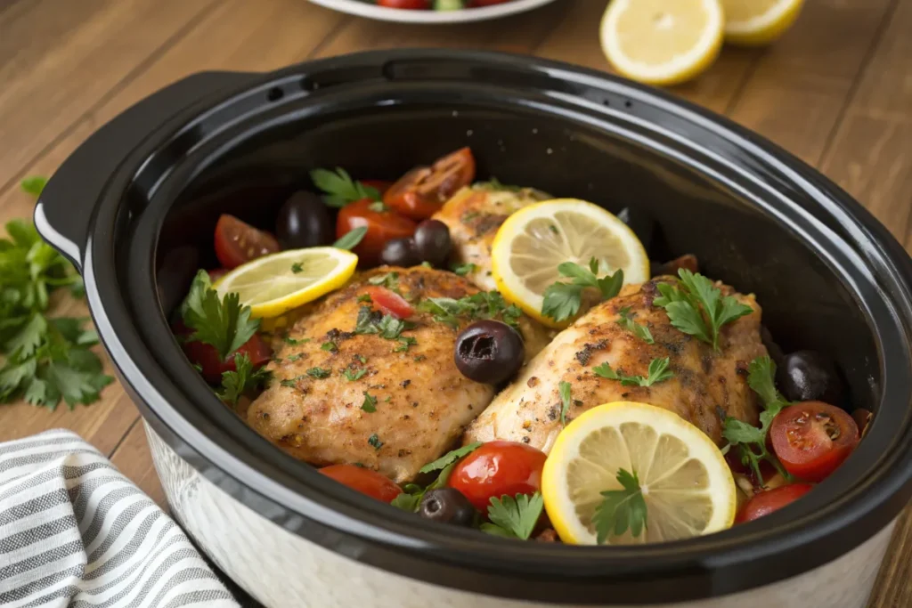 Slow Cooker Mediterranean Chicken with olives and lemon slices