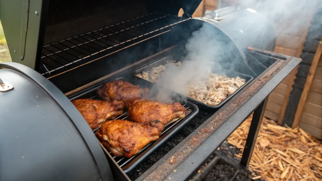 Chicken thighs smoking inside a smoker with visible smoke