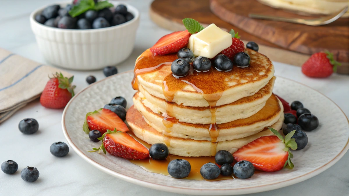 Bisquick pancakes with syrup and berries.