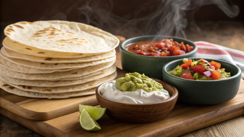 Stack of warm flour tortillas, corn tortillas, and accompaniments like guacamole, salsa, and sour cream served on a rustic plate.
