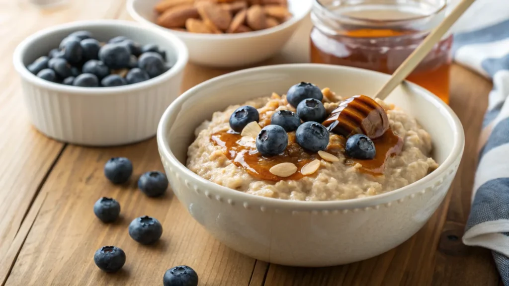 Oatmeal topped with almond butter, fresh blueberries, and honey.