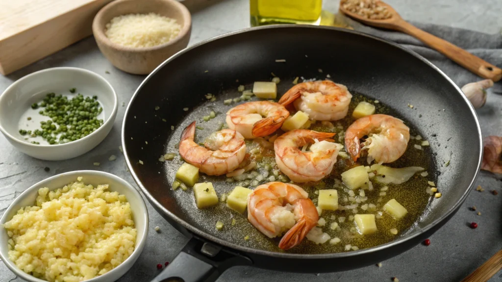 Shrimp being sautéed in butter and garlic.