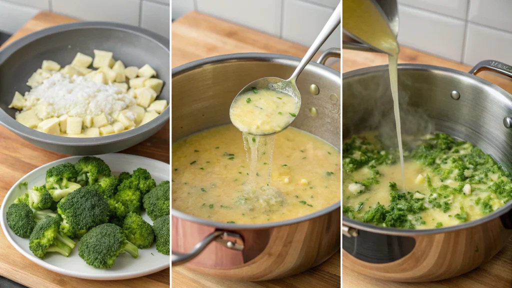 Broccoli cheddar soup in a stainless steel pot, with cheese melting into the creamy soup base and a ladle stirring the mixture.