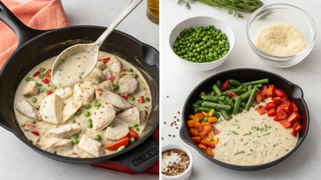 Creamy chicken filling with fresh vegetables, ready for Chicken Pot Pie with Biscuits.