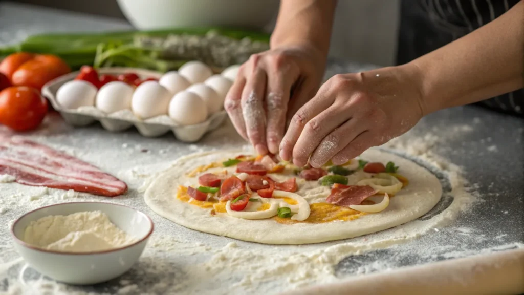 Hands preparing pizza dough on a floured surface with eggs, bacon, and vegetables ready for toppings.