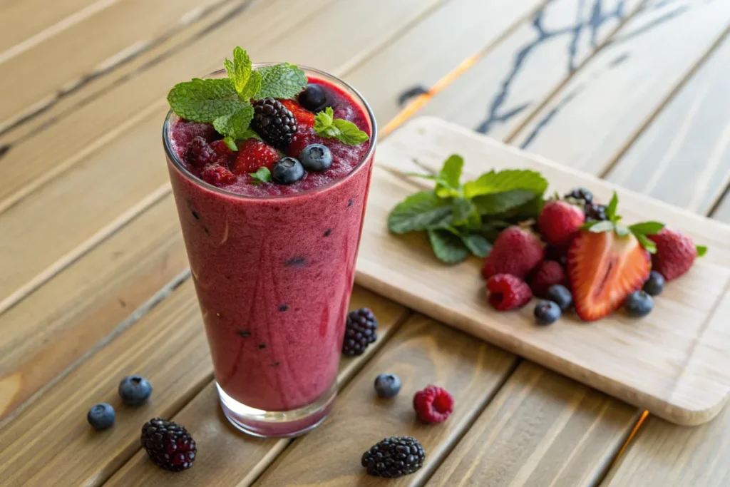Berry smoothie without yogurt topped with fresh mint.