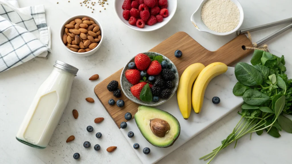 Ingredients for smoothie recipes without yogurt, including bananas, avocado, almond milk, and fresh berries.