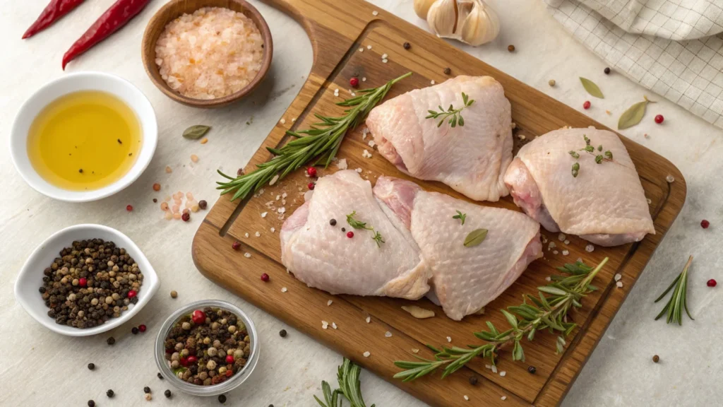 Preparing chicken thighs with spices for smoking
