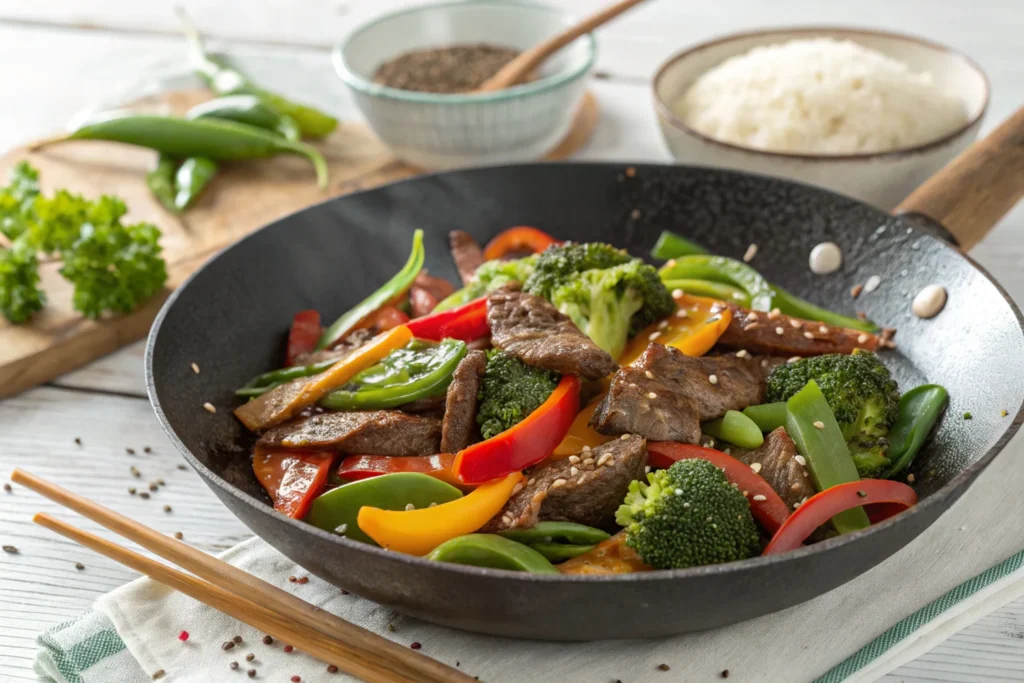 Plated beef stir fry with vegetables served on a white dish