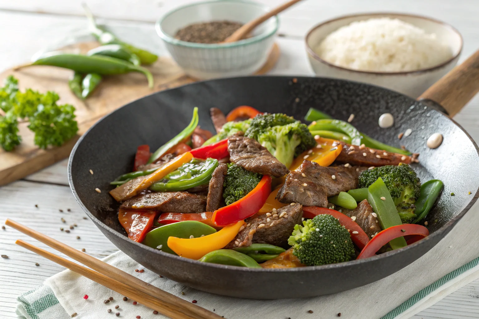 Plated beef stir fry with vegetables served on a white dish