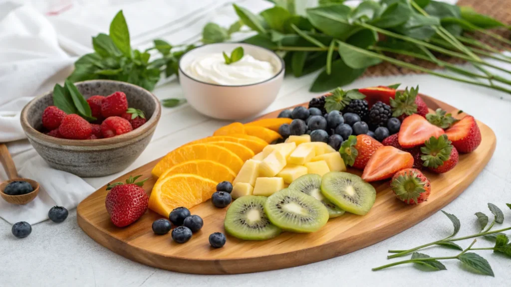 Naturally gluten-free fruit platter with fresh kiwis, strawberries, blueberries, and mango slices.