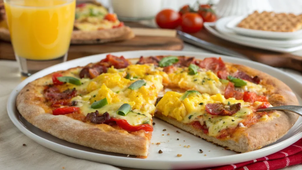 A vibrant breakfast pizza with layers of cheese, eggs, and toppings served alongside fresh orange juice