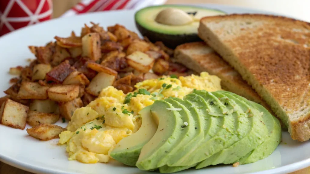 A breakfast plate with crispy hash browns, scrambled eggs, avocado, and toast.
