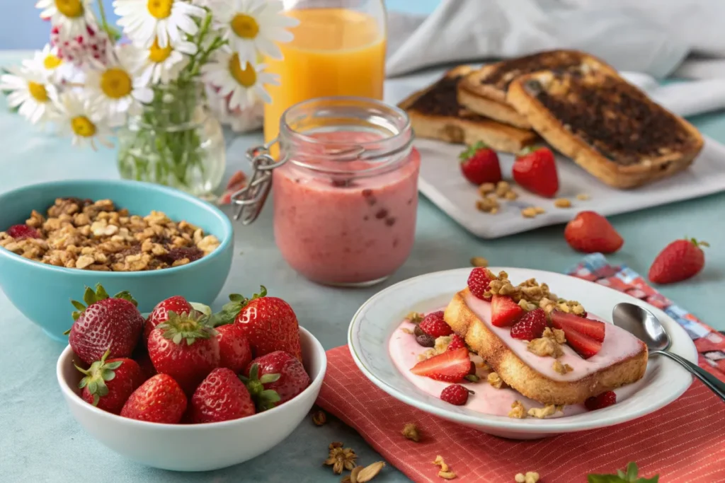 Strawberry breakfast recipes – parfaits, French toast, and smoothies with fresh strawberries.