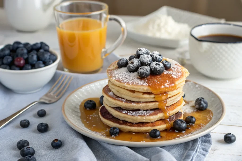 Blueberry pancakes topped with fresh blueberries, maple syrup, and powdered sugar.