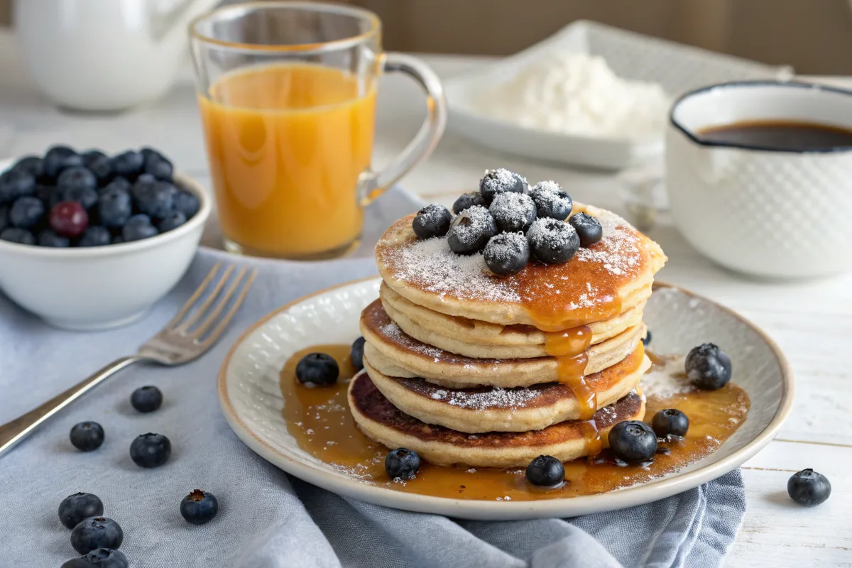 Blueberry pancakes topped with fresh blueberries, maple syrup, and powdered sugar.