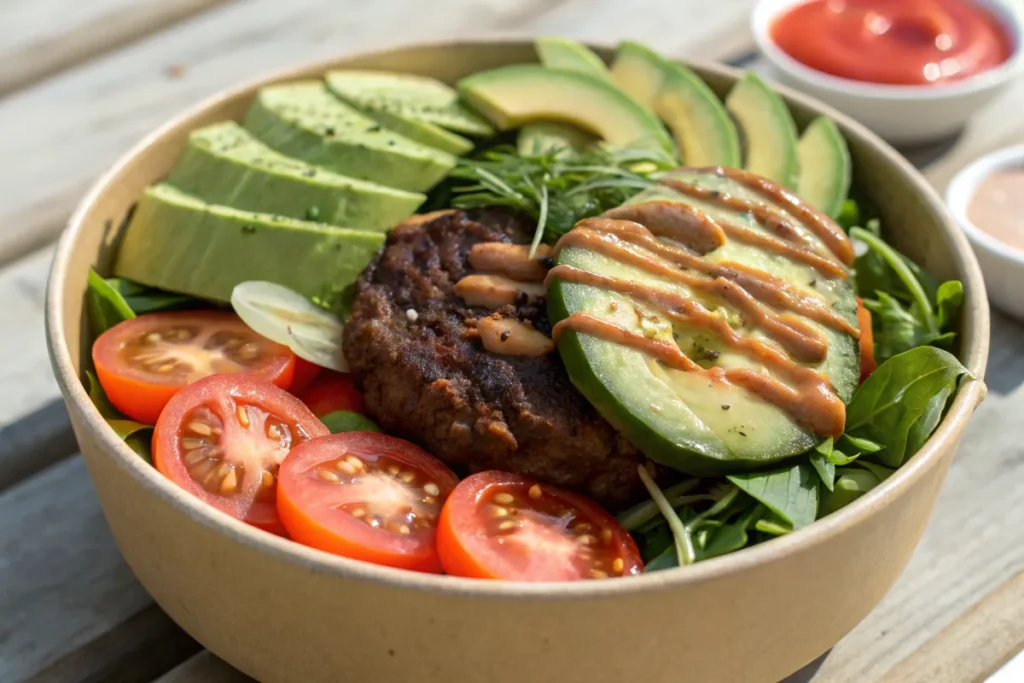 Burger bowl with fresh ingredients and a beef patty
