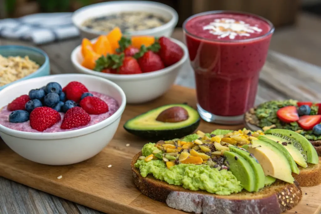 Breakfast recipes without eggs: a healthy and colorful breakfast spread.