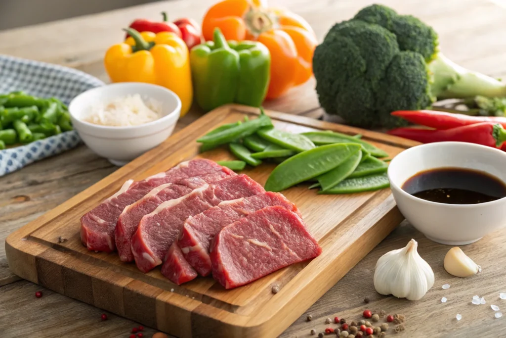 Beef Stir Fry Ingredients Fresh beef, bell peppers, onions, and soy sauce for beef stir fry preparation