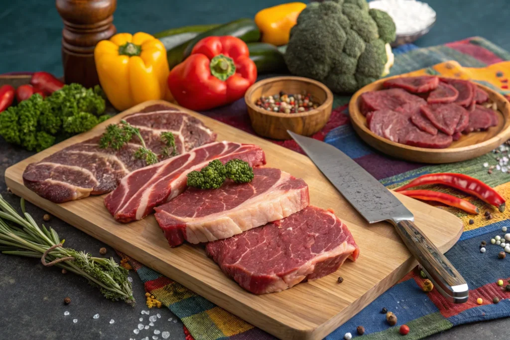 Beef Cuts for Stir Fry Different cuts of beef, including flank steak, sirloin, and skirt steak, prepared for stir fry